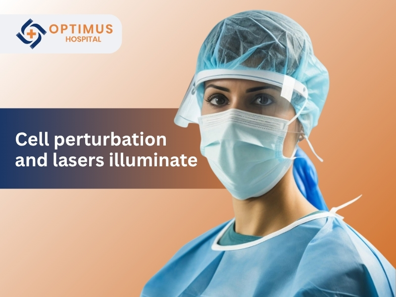 "Healthcare professional in surgical attire at Optimus Hospital with cell perturbation and laser technology theme"