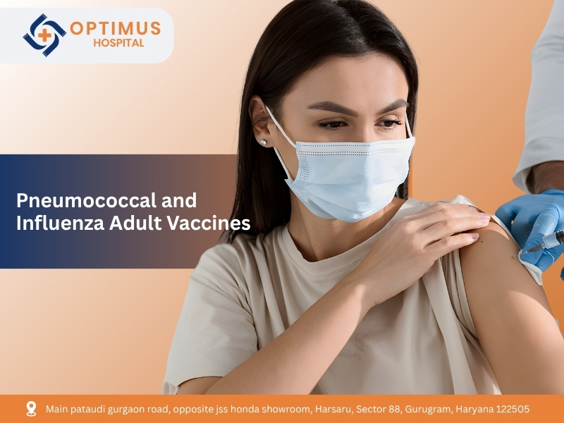 Healthcare professional administering vaccine to an adult woman at Optimus Hospital, Gurugram, with a banner highlighting Pneumococcal and Influenza Adult Vaccines promotion."